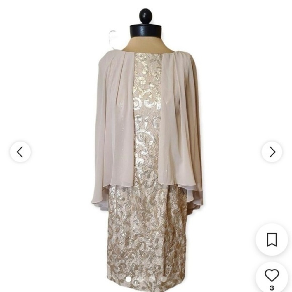 Alex Evenings Champagne Sequin Lace Chiffon Cape Sheath Dress size 6